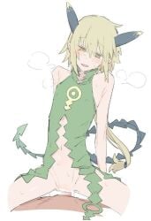 androgynous azuma_shino blonde_hair blush coral_(summon_night) cowgirl_position dragon_girl dragon_horns dragon_tail female flat_chest genderswap heavy_breathing horns light_smile pointy_ears protected_link rule_63 sex skinny straddling straight summon_night summon_night_4 sweat tail yellow_eyes