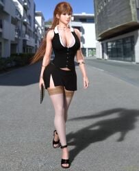 1girls 3d 3d_(artwork) 3d_model 3d_render artist_logo artist_name asian_female bra_visible_through_clothes bracelet brown_eyes business_woman cleavage dead_or_alive female female_only fit_female ginger high_heels highres hleet3d holding_object hourglass_figure jewelry kasumi_(doa) lace-trimmed_thighhighs long_hair miniskirt necklace office_clothing office_lady orange_hair outside pinup ponytail posing side_slit_skirt stockings thighhighs vest visible_bra walking white_bra