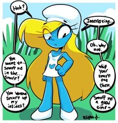 1girls asking_for_sex blightstar blonde_hair blue_skin dialogue english_text female grass hand_on_hip hat heart_cutout long_hair minigirl pov smurfette speech_bubble sundress tagme the_smurfs white_dress white_shoes