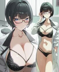 1girls absurdres ass_visible_through_thighs black_bra black_hair black_panties blue_eyes blush bra breasts coat elias2art embarrassed female glasses goddess_of_victory:_nikke hand_in_pocket highres indoors large_breasts looking_to_the_side mana_(nikke) multi-strapped_bra multi-strapped_panties multiple_views navel open_clothes open_coat panties short_hair solo thigh_gap underwear white_coat