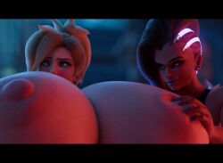 2girls 3d big_breasts blizzard_entertainment breast_expansion breast_grab breasts female female_only hyper_breasts mercy nipples overwatch sombra u3d