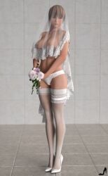 1girls 3d 3d_model 3d_render 5ive5tar5 artist_logo asian bouquet breasts_visible_through_clothing bridal_bouquet bridal_lingerie bridal_veil bride brown_eyes dead_or_alive earrings female female_only fit_female flowers ginger hazel_eyes jewelry kasumi_(doa) lace-trimmed_panties lace-trimmed_thighhighs leg_garter lingerie long_hair looking_at_viewer nipples nipples_visible_through_clothing orange_hair posing stockings wedding_bouquet wedding_lingerie wedding_veil