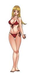 barefoot bikini blonde_hair breasts brown_eyes cg cleavage curvy feet female front-tie_top full_body green_background hentai_heroes jennie_(hentai_heroes) kinkoid large_breasts long_hair looking_at_viewer navel official_art parody red_bikini simple_background smile solo standing swimsuit thigh_gap toes wide_hips