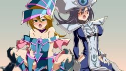 2boys 2girls blonde_hair blue_hat blush breasts cleavage closed_eyes clothed_sex commentary_request cowgirl_position cowgirl_position dark_magician_girl duel_monster gloves green_eyes grey_background grey_hair hair_between_eyes hat heart hip_vent long_hair mizutenka multiple_boys multiple_girls open_mouth saliva sex silent_magician speech_bubble straddling sweat tabard vaginal_penetration variant_set white_gloves white_hat white_tabard wizard_hat yu-gi-oh!