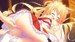 amagi_karin animal_ears blonde_hair blush breasts censored closed_eyes female fox_ears game_cg long_hair magical_marriage_lunatics!! moonstone nipples open_mouth panties pussy underwear yamakaze_ran