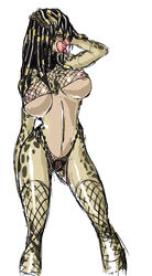 absurdres alien areolae bikini black_hair breasts brown_eyes clothes contrapposto female female_yautja fishnet_legwear fishnets green_skin hairlocs hand_in_hair highres jewelry large_breasts long_hair nameo_(judgemasterkou) neck_ring nipples predator pussy solo spread_pussy_under_clothes standing swimsuit thighhighs underboob yautja