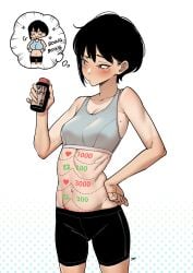 black_hair blush dotted_line fan_(f.w.zholic) farmer's_tan female female_only implied_breast_expansion mole navel one_eyebrow_raised red_eyes small_breasts twitter_strip_game_(meme) yoga_pants