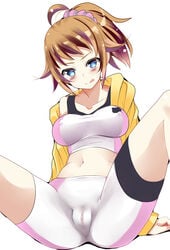 arm_support bike_shorts blue_eyes blush breasts brown_hair collarbone erect_nipples female gundam gundam_build_fighters gundam_build_fighters_try highres hoodie hoshino_fumina licking_lips medium_breasts midriff navel nazo_no_murasame_chiaki off_shoulder ponytail pubic_hair pussy see-through shiny shiny_hair simple_background sitting sports_bra tied_hair white_background