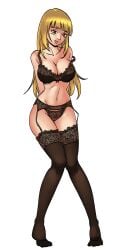 arms_behind_back bare_shoulders black_bra black_panties blonde_hair bra breasts cg cleavage curvy feet female full_body garter_belt green_background hentai_heroes jennie_(hentai_heroes) kinkoid lace lace-trimmed_bra lace-trimmed_legwear lace-trimmed_panties lace_trim large_breasts legs lingerie long_hair looking_at_viewer navel official_art panties parody simple_background smile solo thighhighs thighs transparent_background underwear underwear_only yellow_eyes