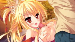 amagi_karin animal_ears blonde_hair blush breasts censored collarbone cute_fang female fox_ears game_cg long_hair magical_marriage_lunatics!! moonstone necklace nipples open_mouth paizuri penis red_eyes yamakaze_ran