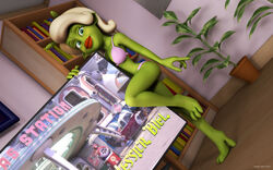 1girls 3d alien alien_girl artist_name bare_shoulders barefoot beauty_mark big_breasts bikini bikini_bottom bikini_top book busty curvy detailed_background eyelashes female female_only front_view glasses green_eyes green_skin holding_object hourglass_figure humanoid indoors inside kondaspeter leg_lift leg_up lipstick looking_at_viewer makeup marilyn_(planet_51) midriff mole planet_51 pose posing red_lipstick room shadow shiny shiny_skin solo standing swimsuit thick_lips tree voluptuous white_hair wide_hips