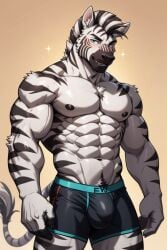 abdominals abs ai_generated blue_eyes blush boxers bulge male_only muscles muscular_male smirking sparkles zebra zebradom