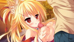 amagi_karin animal_ears blonde_hair blush breasts censored collarbone female fox_ears game_cg long_hair magical_marriage_lunatics!! moonstone necklace nipples open_mouth paizuri penis red_eyes yamakaze_ran