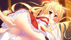 amagi_karin animal_ears blonde_hair blush breasts censored female fox_ears game_cg long_hair magical_marriage_lunatics!! moonstone nipples open_mouth panties pussy red_eyes underwear yamakaze_ran