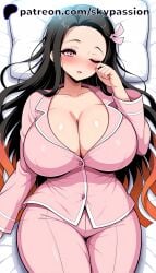 1girls 1woman 2025 ai_generated alternate_breast_size anime anime_girl anime_style arstist_name big_breast big_breasts black_hair blush breast breast_focus breasts breasts_focus cleavage clothes collarbone completely_naked_female completely_nude completely_nude_female curvy demon_slayer dressed female hair_ribbon hi_res high_quality high_resolution highres huge_breasts kamado_nezuko kimetsu_no_yaiba long_hair long_sleeves looking_at_viewer lying multicolored_hair on_back one_eye_closed open_mouth orange_hair pajamas patreon patreon_logo patreon_username pillow pink_eyes pink_pajamas pink_ribbon seductive seductive_look seductive_pose skypassion solo solo_focus stable_diffision thighs watermark web_address