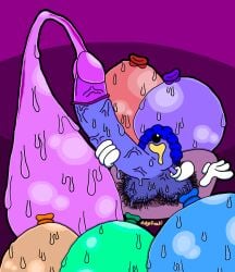 1futa 1futanari ball_with_hyper_features blue_hair blue_skin condom condom_balloon condom_on_penis drawing drool drooling excessive_cum excessive_pubic_hair floating_hands futanari gloves hairy hyper hyper_balls hyper_cock hyper_genitalia hyper_penis hyper_testicles oc original_character pillow pleasure_face pleasured_face pubes pubic_hair sitting_on_pillow sludgefreak slushfriend_(sludgefreak) small_but_hung sweaty sweaty_balls sweaty_genitalia veins veins_on_dick veiny veiny_balls veiny_penis