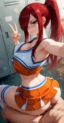 ai_generated brown_eyes cheerleader cheerleader_uniform cleavage erza_scarlet fairy_tail illustrious_(stable_diffusion) large_breasts locker_room payop ponytail pov red_hair selfie sitting skirt smug thighhighs vaginal_sex victory_sign viewed_from_above