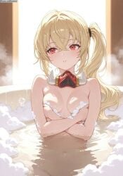 1girls ai_generated bathing bathroom bathtub blush covering_breasts female luciana_de_montefio mask naked naked_female petite ponytail red_eyes soap soap_bubbles water zenless_zone_zero