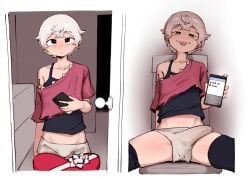 breqfast crop_top erection_under_clothes femboy gay original phone thighhighs torn_clothes underwear valentine's_day white_hair yaoi