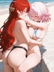 2girls ai_generated arms_around_neck beach bikini closed_eyes female/female female_focus female_only female_penetrated female_penetrating_female gotsuura himeko_(honkai:_star_rail) honkai:_star_rail lesbian_sex march_7th_(honkai:_star_rail) moaning self_upload strap-on thrusting trembling yuri yuri