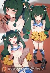 1boy 1girls ai_generated blowjob breasts cheerleader cheerleader_uniform female female_masturbation flat_chest green_hair half_naked hi_res hoyoverse male masturbation milky_ai nipples orgasm orgasm_face pom_pom_(clothes) portrait public public_nudity public_sex qingyi_(zenless_zone_zero) robot robot_girl robot_humanoid skirt small_breasts twintails wet zenless_zone_zero