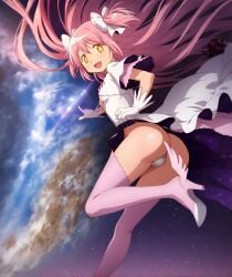ai_generated artist_logo ass ass ass_focus bubble_butt butt_focus cameltoe female female female_focus female_only goddess hi_res long_hair looking_at_viewer looking_back looking_back_at_viewer madoka_kaname madoka_worship magical_girl mahou_shoujo_madoka_magica open_mouth outer_space pink_hair pointing puella_magi_madoka_magica solo solo_female solo_focus space thighhighs thong twintails ultimate_madoka upskirt very_long_hair wide_hips wings yellow_eyes