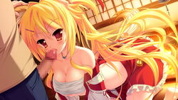 amagi_karin animal_ears blonde_hair blush censored cute_fang female fox_ears game_cg long_hair magical_marriage_lunatics!! moonstone necklace open_mouth penis red_eyes yamakaze_ran