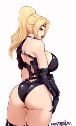 1girls ass blonde_hair blue_eyes eyelashes female female_only hi_res high_ponytail long_hair looking_at_viewer looking_back looking_back_at_viewer ninja_gaiden nofuture rachel_(ninja_gaiden) rear_view red_lipstick solo thick_ass thick_thighs white_background