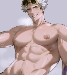 1boy abs adult adult_male belly_button gray_background guzma_(pokemon) looking_at_viewer maemoooo male male_focus male_only navel nipples no_background no_sex nude nude_male pecs pectorals pokemon pokemon_sm pokemon_usm pubic_hair shirtless shirtless_male solo solo_focus solo_male sunglasses sweatdrop team_skull two_tone_hair veins visible_breath white_hair yellow_sunglasses