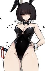 annoyed_expression black_hair breasts bunny_ears bunnysuit cleavage limbus_company m_ayonessa project_moon red_eyes ryoshu_(limbus_company) short_hair thighs