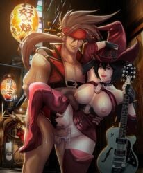 2girls black_hair blue_eyes bob_cut boots bottomless breasts breasts_out chinese_clothes city clitoris crisisbeat cum cum_in_pussy cum_inside detached_sleeves electric_guitar female fingerless_gloves gibson gloves guilty_gear guitar hat headband high_heels i-no instrument kuradoberi_jam latex leg_lift long_hair male mole multiple_girls night nipples outdoors peeping ponytail red_legwear semi-hollow semi-hollow_guitar short_hair smile sol_badguy standing standing_sex thigh_boots thighhighs tied_hair vaginal_penetration walk-in witch_hat yellow_eyes