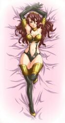 alternate_costume armor atlus bed_sheet blush breasts broken_armor choker cleavage curvy dakimakura_(medium) female female_focus gloves high-cut_armor_(persona) highres long_hair lying mitsuru_kirijo persona persona_3 red_hair segami_daisuke solo thighhighs