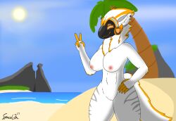 absurd_res anthro beach breasts digital_media_(artwork) exposed_breasts female fluffy fur genitals glowing hair hi_res juno_(my_furry_protogen) machine my_furry_protogen nude nude_anthro nude_female protogen protogen_face protogen_visor solo spaceg3n tail tuft