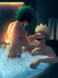 2boys abs ass back bakugou_katsuki bare_ass bare_back bath bathroom bathtub blonde_hair blush boku_no_hero_academia bones_(company) butt_crack curly_hair freckles freckles_on_ass freckles_on_back freckles_on_body green_hair indoors izuku_midoriya katsuki_bakugou kissing kissing_hand midoriya_izuku muscular nyxdrawhine pectorals riding scar scar_on_arm scar_on_chest shounen_jump sitting soap soap_bubbles spiked_hair water wet yaoi