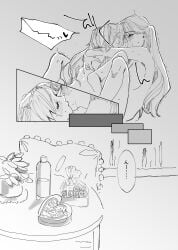 2girls absurdres arms_around_neck between_legs blush bottle box closed_eyes commentary_request completely_nude fingering french_kiss fujishima_megumi greyscale heart-shaped_box highres kissing link!_like!_love_live! long_hair love_live! monochrome multiple_girls nude osawa_rurino plant potted_plant shin_(shnnnnrn1) speech_bubble translation_request two_side_up virtual_youtuber water_bottle yuri