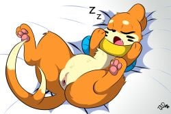 3:2 anthro bed buizel female feral furniture generation_4_pokemon genitals hi_res nintendo pokemon pokemon_(species) presenting presenting_pussy pussy sleeping solo solo_focus spread_legs spreading tail thataveragedude