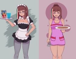 apron apron_only breakfast breasts brown_body brown_eyes brown_hair chilo_chan chilo_sports comparing just_woke_up looking_at_viewer maid maid_uniform mexican_female michiru_kagemori morning plushie