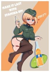 1girls ass beverage big_breasts call_of_duty cameltoe color colored dat_ass fanta fruit german german_female glass_bottle iron_cross legs_together lime military military_hat military_uniform original original_character phenolr pinup pinup_pose poster pussy short_hair simple_background soda stamina text thick_ass thick_thighs thighhighs thighs