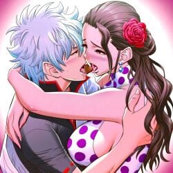 ai_generated bangs beautiful beautiful_females blush breast_press busty_female chocolate chocolate_kiss crossover crossover_pairing curvy dancer drawing dreson dress earrings embrace fantasy female flower french_kiss gintama gintoki_kiss_viola gintoki_sakata handsome handsome_man happy_valentine heart_shape heart_shaped_chocolate hug japanese japanese_clothing kissing large_breasts looking_at_another male one_piece open_mouth passionate pink_background polka_dot romantic_couple rose rose_(flower) saliva samurai sexy shonen_jump simple_background spanish straight valentine's_day viola_(one_piece) white_hair