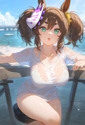 ai_generated animal_ears big_breasts brown_hair female green_eyes hair_accessory hair_ornament hikimayu horse_girl inari_one_(umamusume) legs looking_at_viewer no_panties ocean_background shirt_only thighs twintails umamusume umamusume_pretty_derby wet