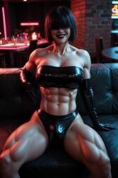 abs ai_generated bar black_hair black_lipstick bulge couch elbow_gloves futanari goth_girl hair_over_eyes latex muscular smiling tagme tubetop video