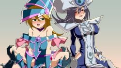 2boys 2girls blonde_hair blue_hat blush breasts brown_eyes cleavage clothed_sex commentary_request cowgirl_position cowgirl_position cum cum_in_pussy cum_overflow dark_magician_girl duel_monster gloves green_eyes grey_background grey_hair hair_between_eyes hat heart hip_vent long_hair mizutenka multiple_boys multiple_girls open_mouth saliva sex silent_magician smile speech_bubble straddling sweat tabard vaginal_penetration variant_set white_gloves white_hat white_tabard wizard_hat yu-gi-oh!