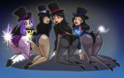 2025 4girls ass big_ass dc dc_comics dc_super_hero_girls dcau female female_only justice_league_action justice_league_unlimited light-skinned_female light_skin looking_back magic_user magician_hat on_knees phazyn rear_view square_crossover zatanna zatanna_zatara zee_zatara