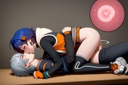 1boy 1girls ai_generated belle_(zenless_zone_zero) blue_hair brother_and_sister cum cum_inside gray_hair impregnation incest kissing kissing_while_penetrated partially_clothed penis sex siblings tongue wise_(zenless_zone_zero) zenless_zone_zero