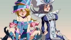 2boys 2girls blonde_hair blue_hat blush breasts cleavage closed_eyes clothed_sex commentary_request cowgirl_position cowgirl_position cum cum_in_pussy cum_overflow dark_magician_girl duel_monster gloves grey_background grey_hair hair_between_eyes hat heart hip_vent long_hair mizutenka multiple_boys multiple_girls open_mouth saliva sex silent_magician speech_bubble straddling sweat tabard vaginal_penetration variant_set white_gloves white_hat white_tabard wizard_hat yu-gi-oh!