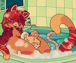 2023 absurd_res accessory age_difference anthro arcadebunni ass bathing_together between_breasts big_breasts big_butt breasts bubble_bath curvy_figure detailed detailed_fur digital_media_(artwork) dripping duo felid female fluffy fur head_between_breasts hi_res huge_breasts larger_female male male/female mammal markings mouse murid murine nami_(arcadebunni) nipples nude open_mouth overweight overweight_female pantherine predator/prey rodent sex size_difference small_but_hung smaller_male smile snips_(arcadebunni) tail tiger voluptuous wide_hips