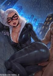 1boy 1girls ahe_gao ai_generated amiral_ai ass big_ass big_breasts big_penis black_cat_(marvel) black_suit blue_eyes blush breasts censored_penis city cleavage curvy dark-skinned_male light-skinned_female makeup marvel marvel_comics mask masked_female muscular_male penetration penis pov raining red_lips reflective_clothing sex spider-man_(series) suit thick_thighs thighs tight_clothing white_hair