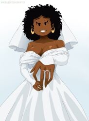 1girls afro dark_skinned_female earrings khloe_(nobytes) nobytes_(artist) smiling smiling_at_viewer wedding_dress wedding_ring