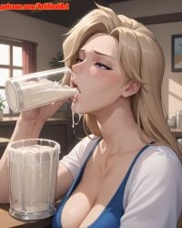 1girls ai_generated angel angela_ziegler artifical_art blonde_female blonde_hair blue_eyes blush cum cum_in_mouth dripping_cum dripping_semen femdomfantasyai hair_bun headwear light-skinned_female light_skin medium_breasts mercy mercy_(overwatch) open_mouth overwatch overwatch_2 ponytail semen semen_in_mouth solo