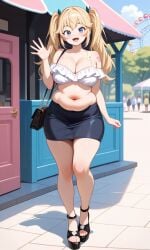 1girls ai_generated amusement_park belly belly_bulge big_breasts big_chest blonde_female blonde_hair blue_eyes chubby chubby_female cleavage date fangs fat fat_stomach female female_only grisaia_(series) grisaia_no_kajitsu heels hentaihero27 matsushima_michiru pencil_skirt sandals skirt stomach tattoo_on_arm toes twintails waving waving_at_viewer waving_hand